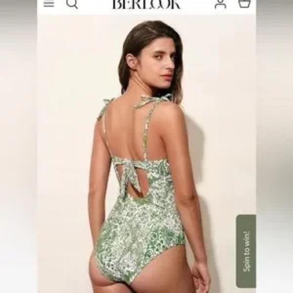 Berlook Retro Floral Drawstring Ruched One-Piece Swimsuit Womens XS Green - Picture 2 of 8